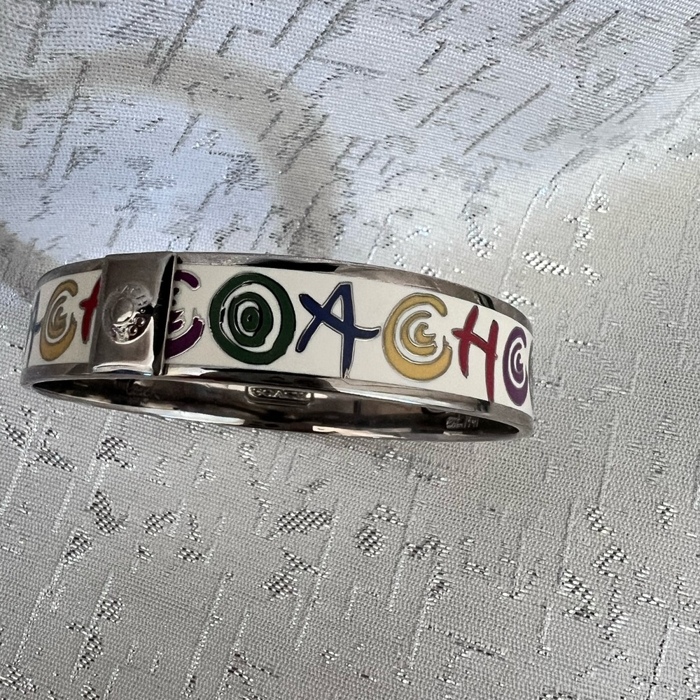 Designer Coach Silver-Tone Colorful Enamel Signature Logo Bangle Bracelet